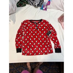 Rene Rofe Womens Red Penguin Print Henley Pajama Top Ribbed Velvet Fleece Small
